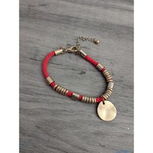 Red Braided Cord Bracelet Gold Tone Rings Hammered Coin Charm Adjustable Boho